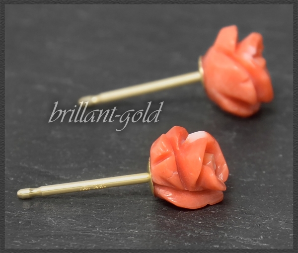Preview: Ohrstecker rote Edel-Koralle Rosen Blume, 585 Gold